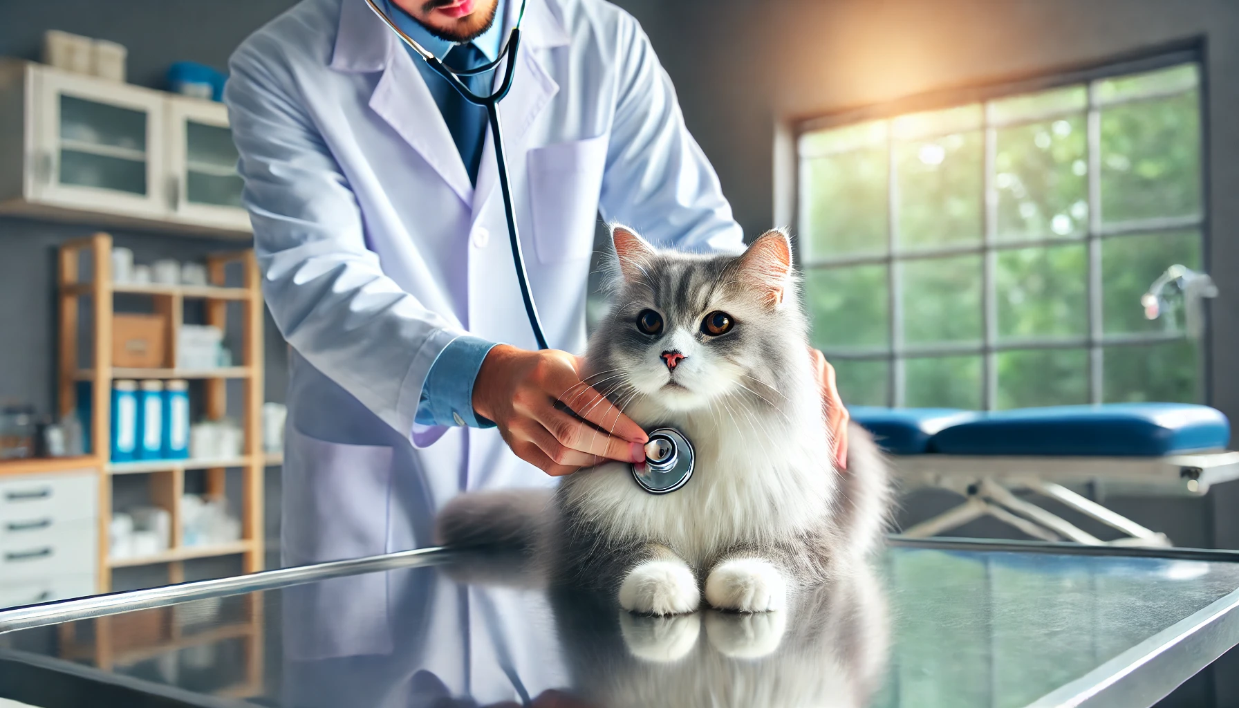 A calm cat being examined by a veterinarian using a stethoscope in a clean and well-lit veterinary clinic.