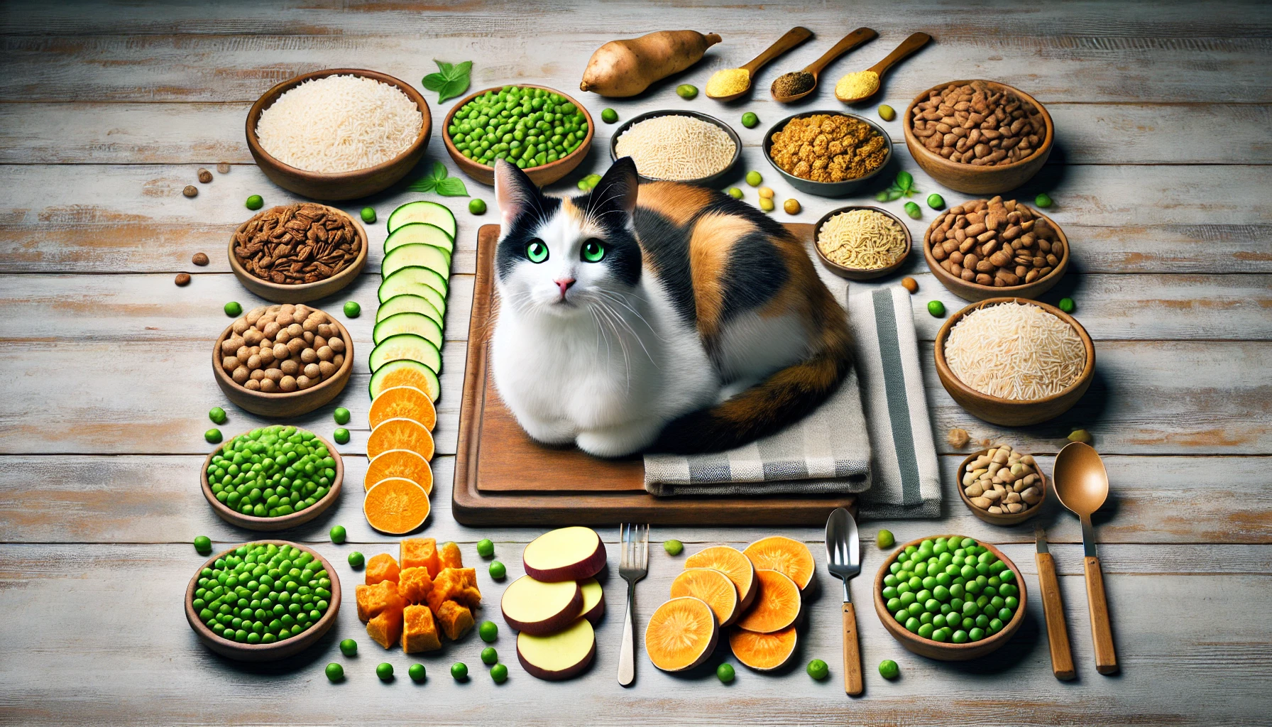 A selection of carbohydrate sources for cats, including rice, sweet potatoes, and peas.