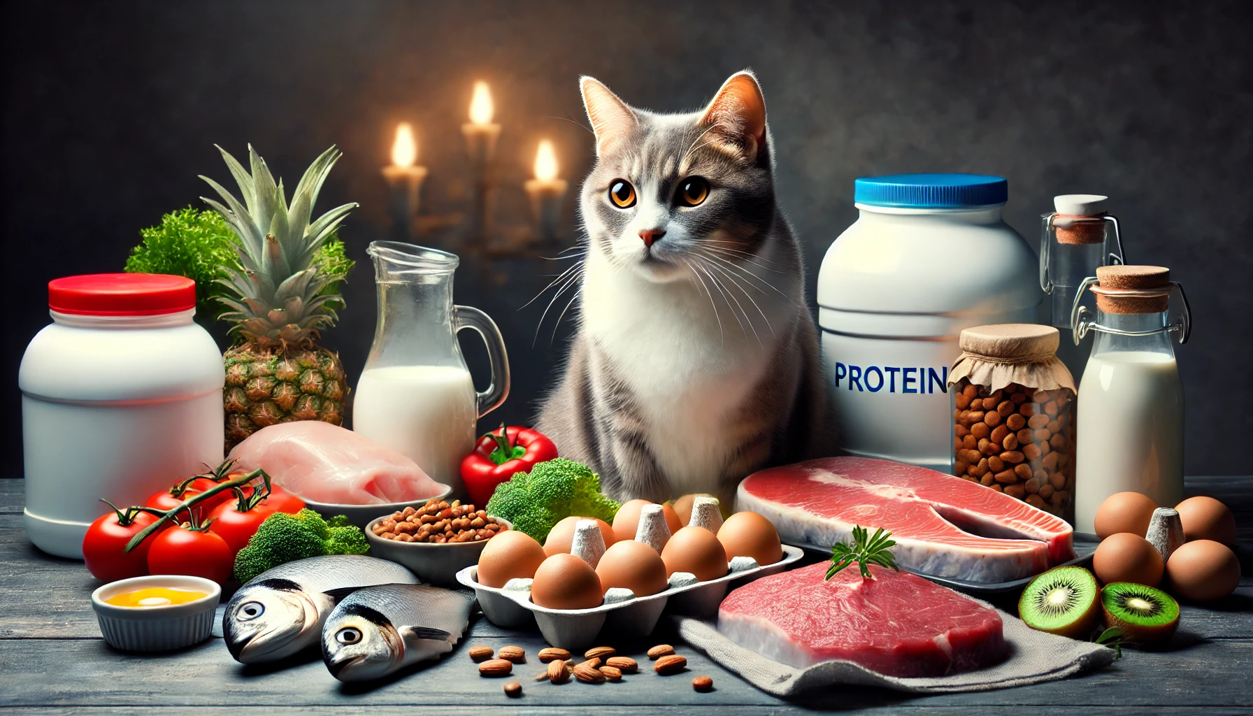A variety of foods rich in fats and carbohydrates for cat health.