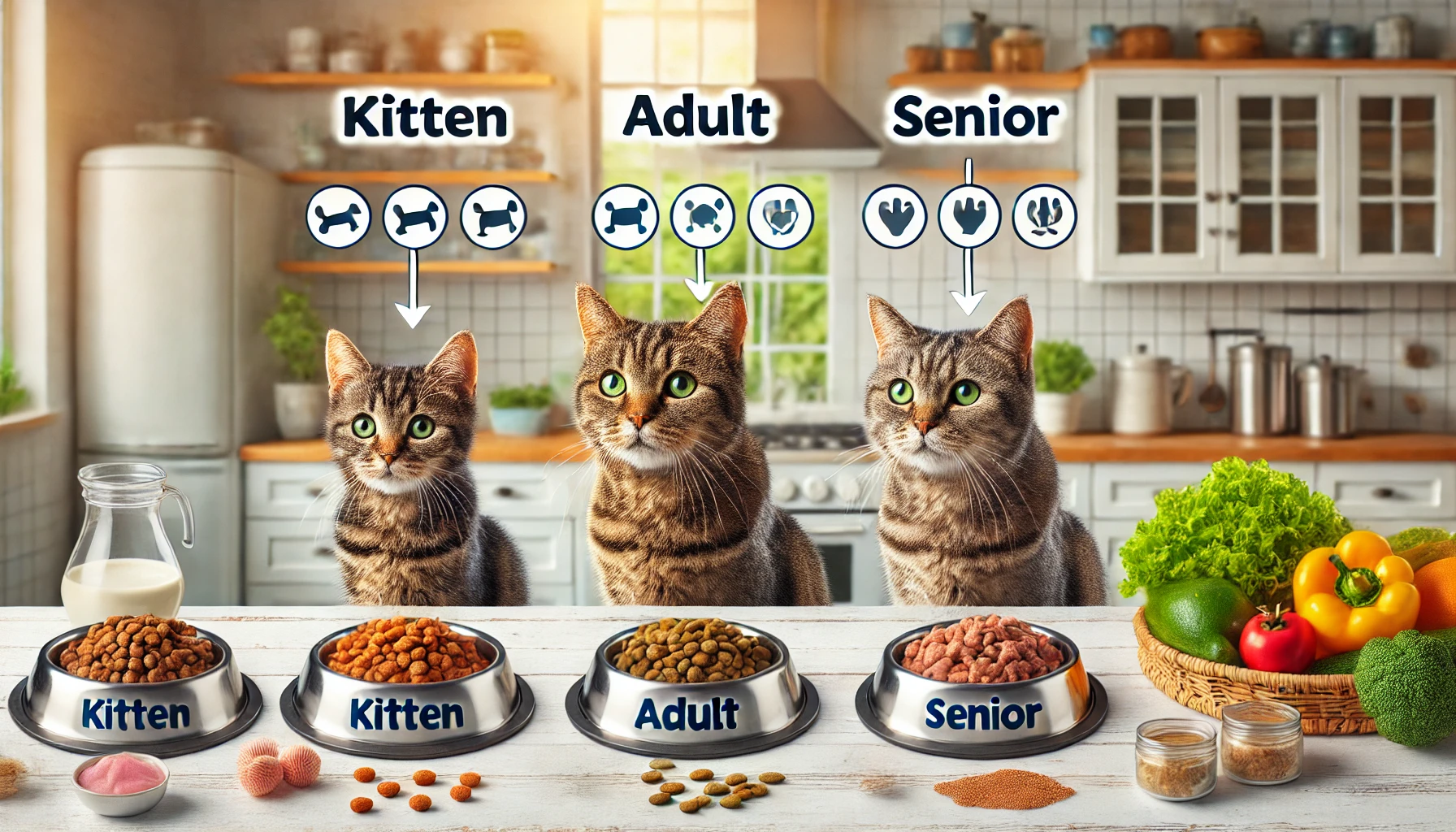 Three cat food bowls for different life stages with tabby cats nearby.