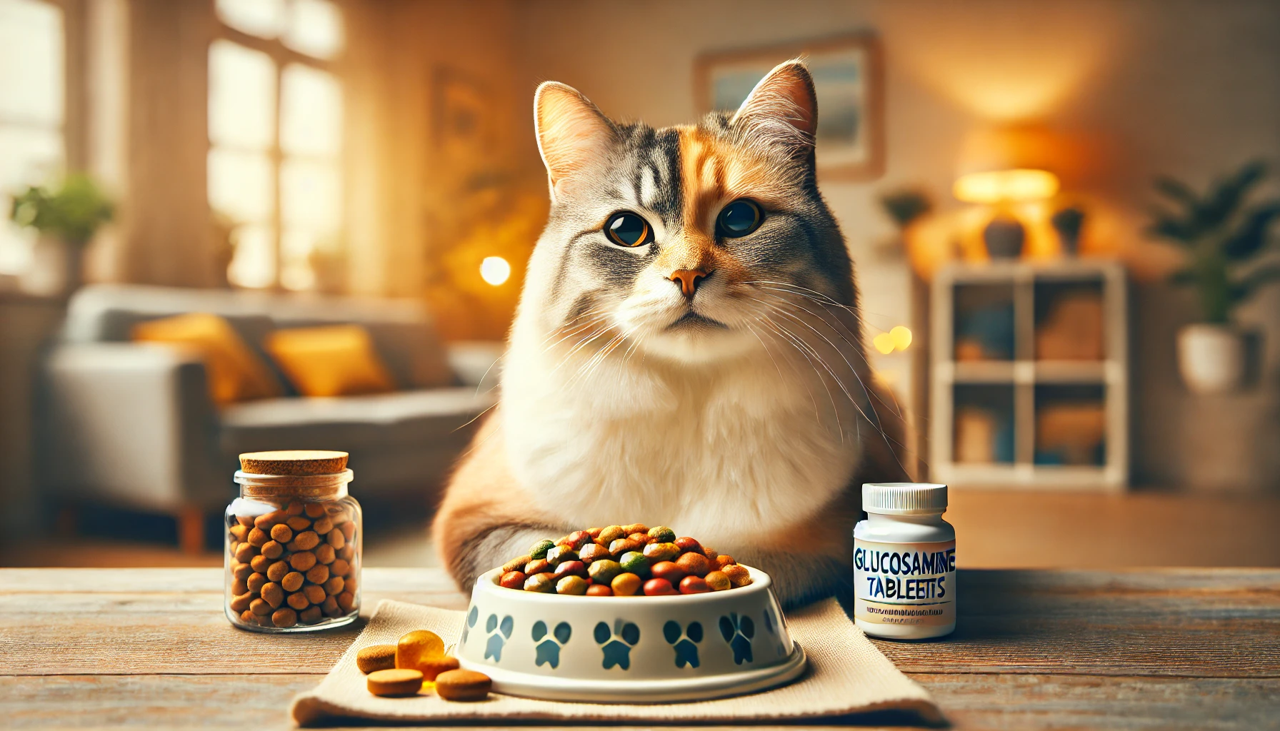 Image illustrating the special dietary needs of senior cats with soft food and supplements.