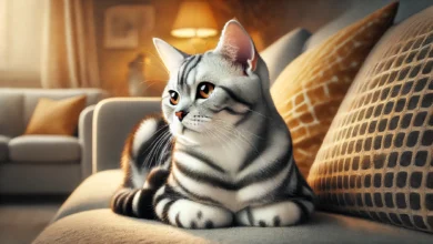An American Shorthair cat resting in a warm indoor environment, featuring soft lighting and a comfortable backdrop, with sleek fur and distinctive patterns.