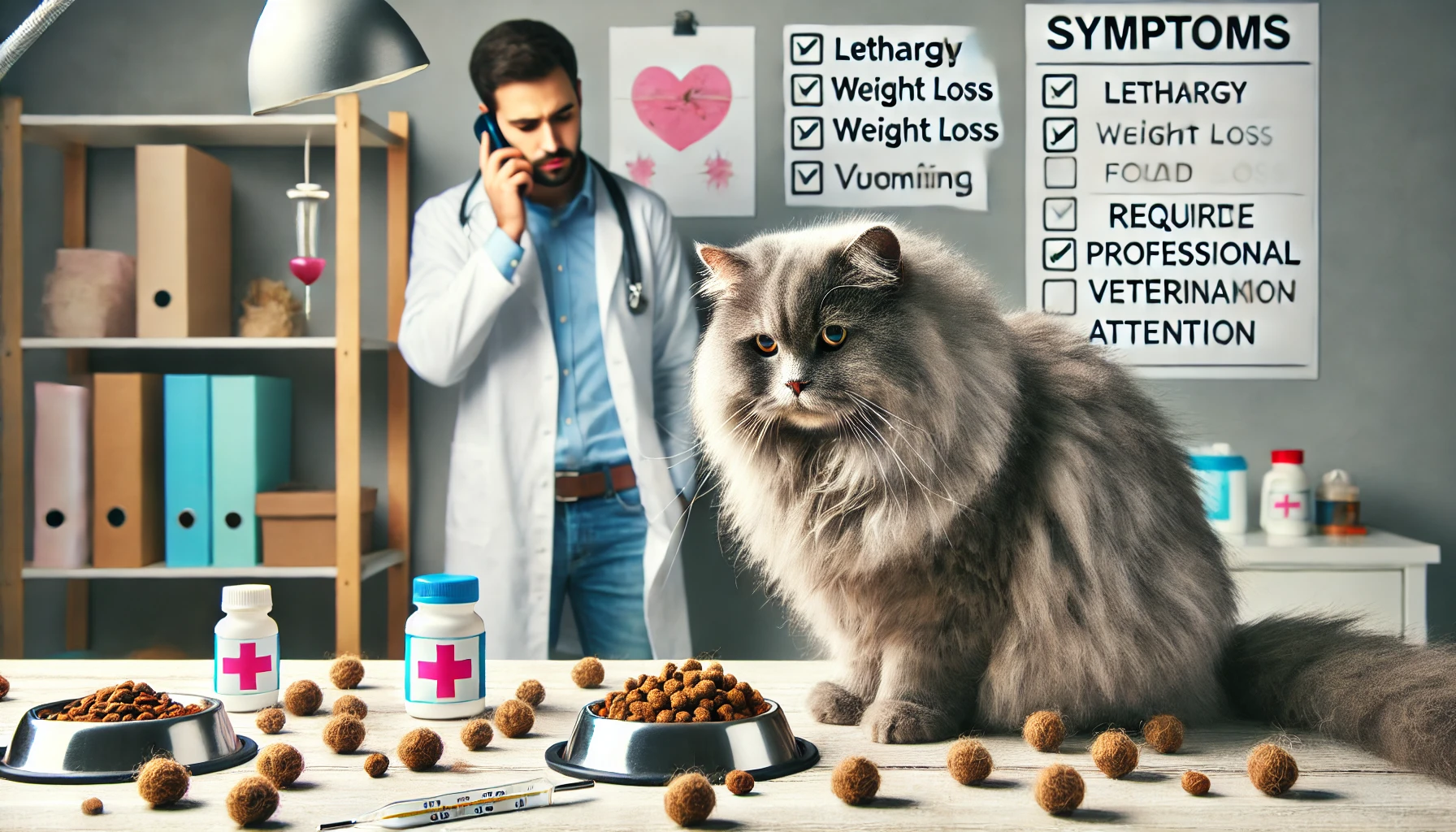 A lethargic gray cat with signs of weight loss and digestive issues, with an owner calling the vet.