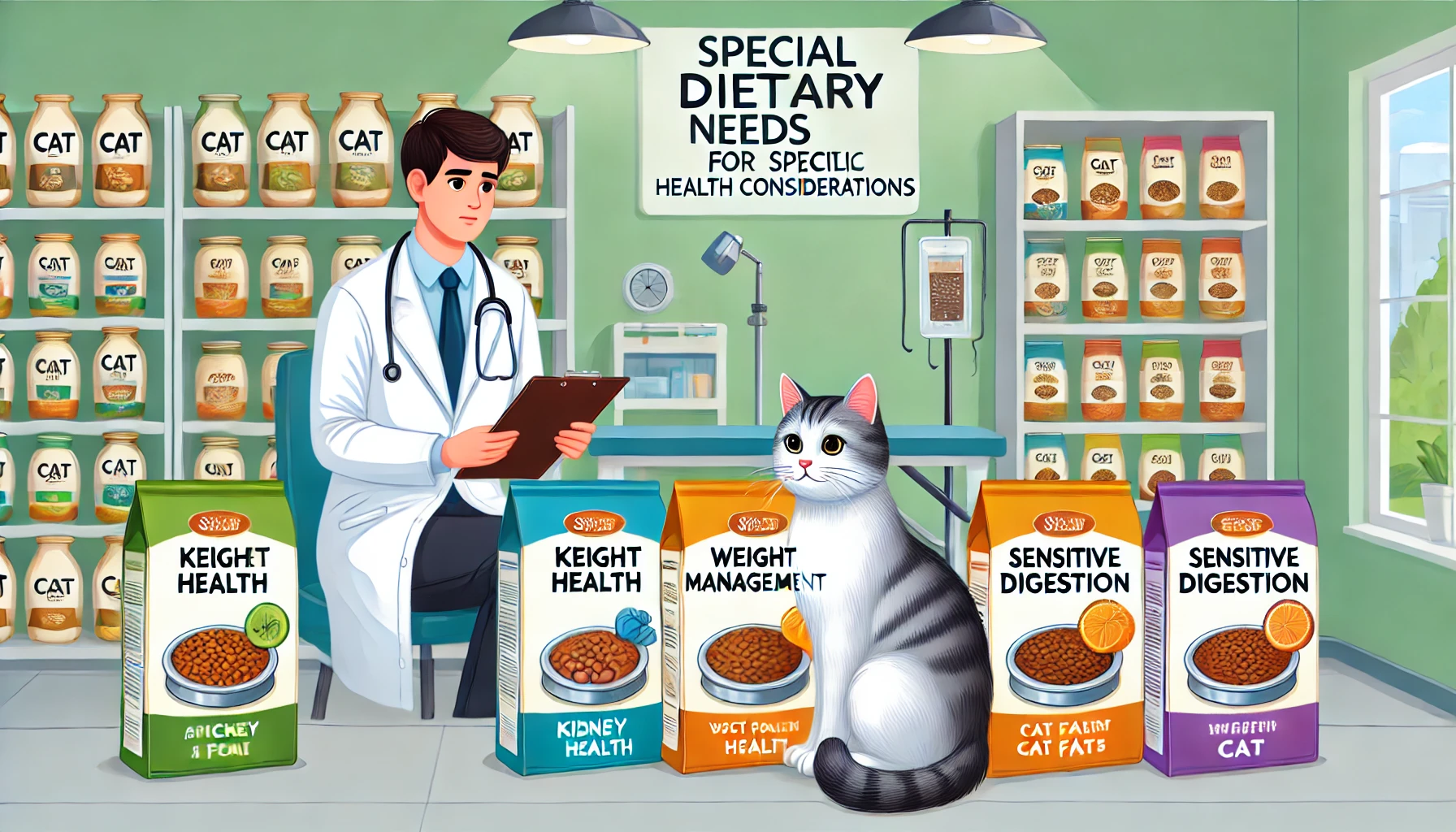 Three cats of different ages with food bowls tailored to their life stage needs.