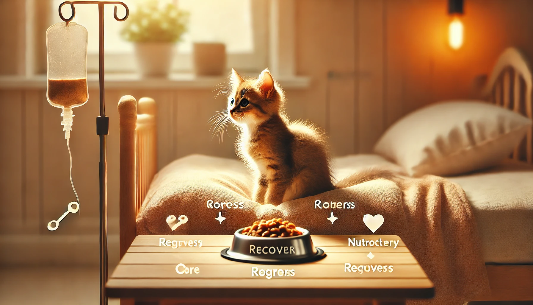 A cat recovering from malnutrition sitting on a soft bed with a bowl of nutritious food nearby in a warm and softly lit room.