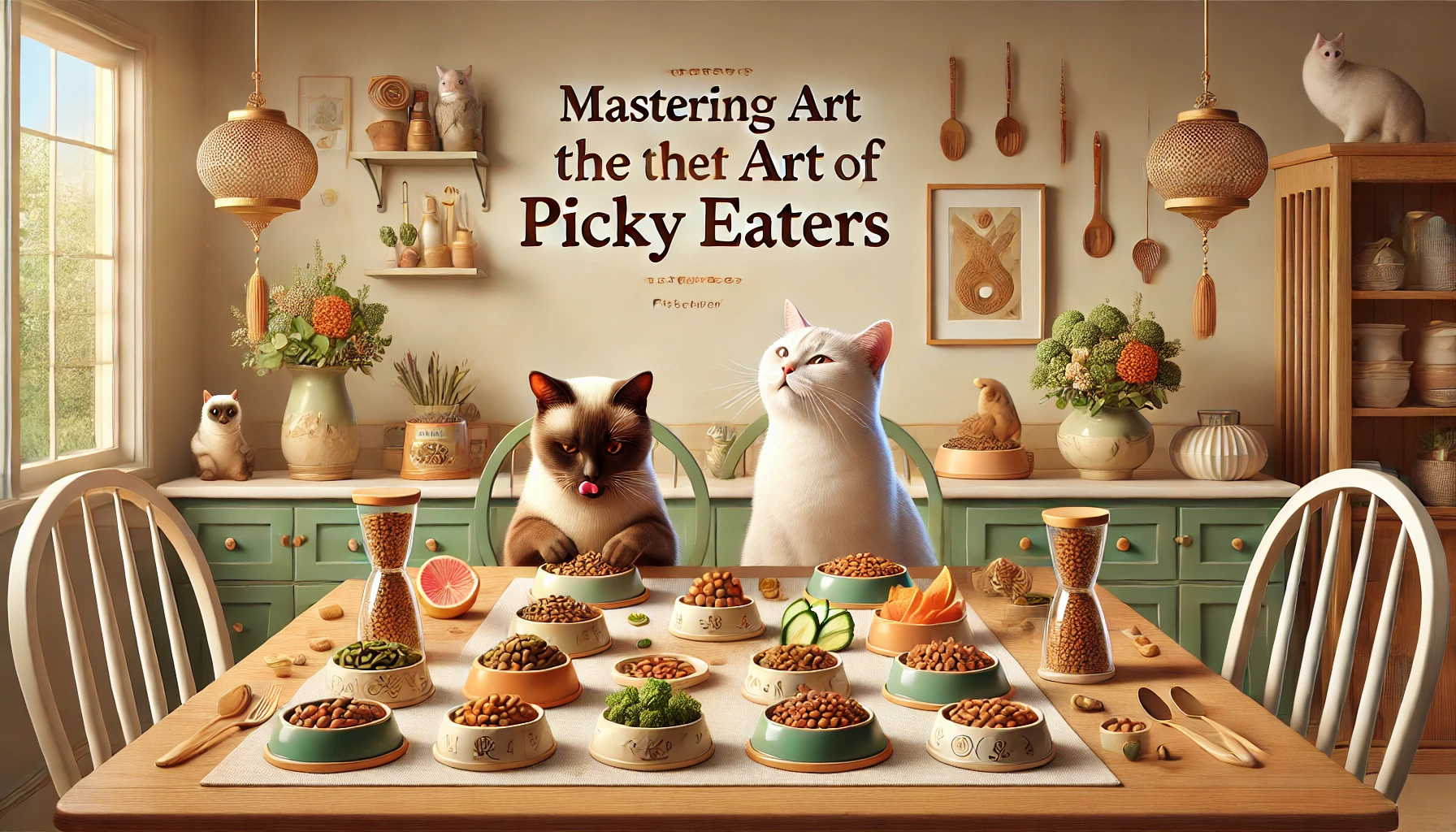 A serene dining area with two cats enjoying a variety of cat food options.