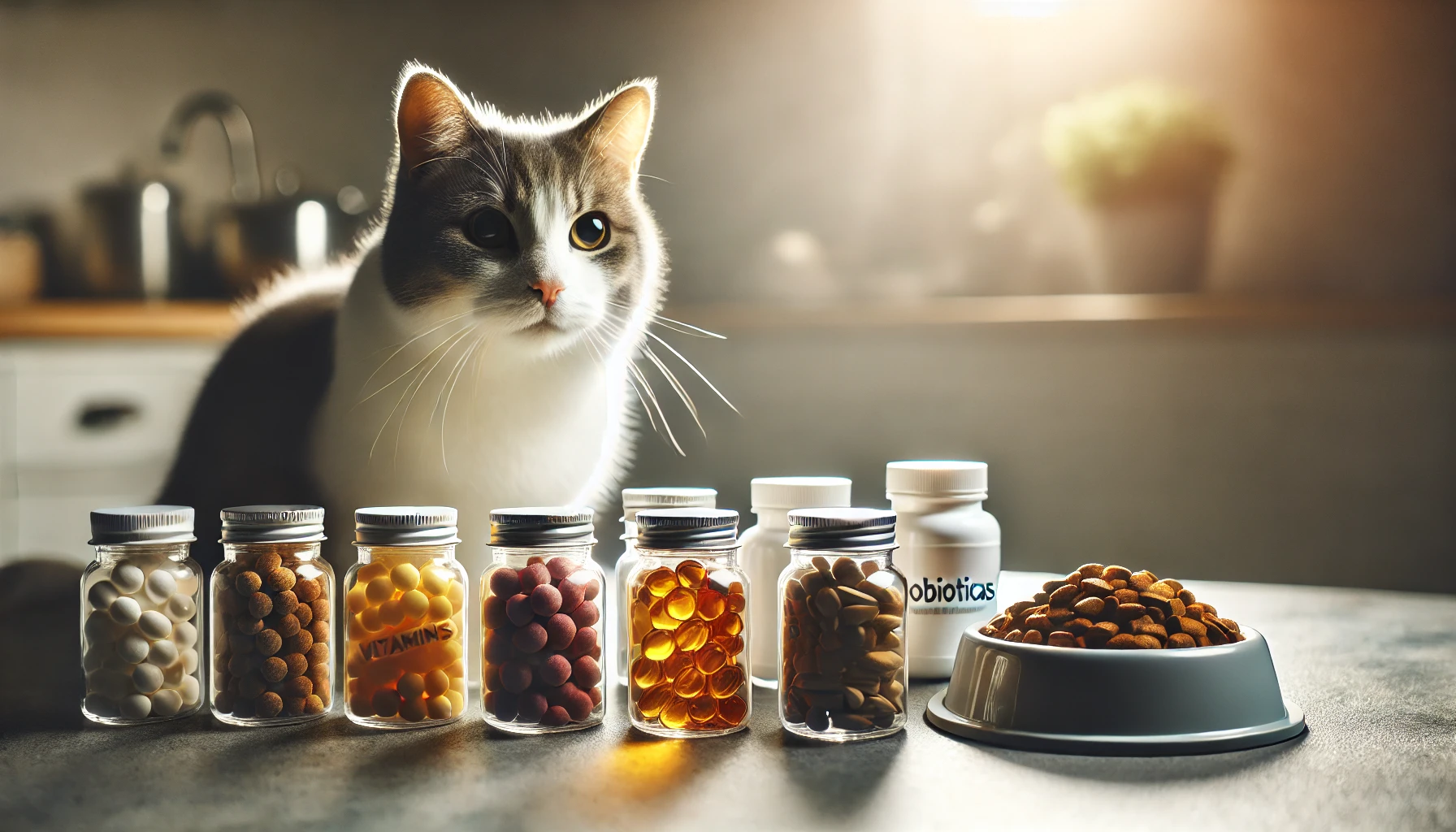 A selection of supplements for cats, including vitamins, omega-3 fatty acids, and probiotics, arranged next to a small bowl of cat food.