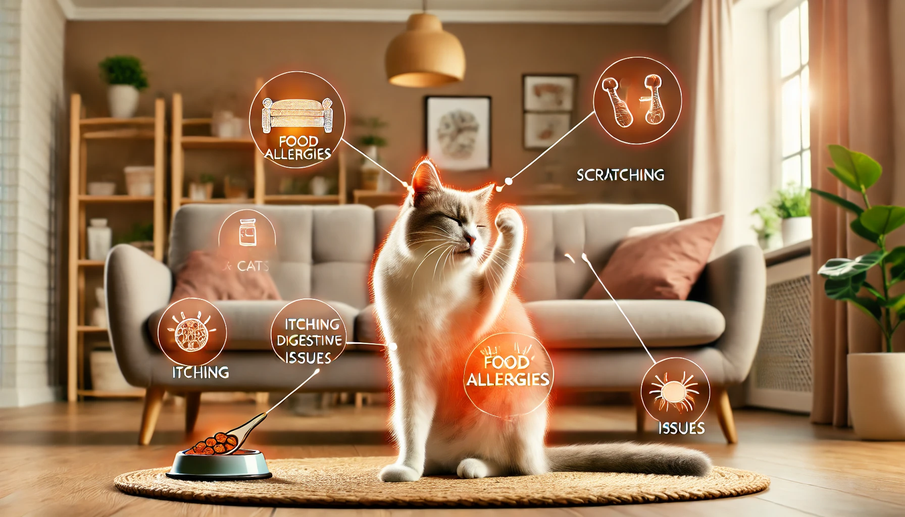 A cat showing symptoms like scratching and discomfort due to food allergies.