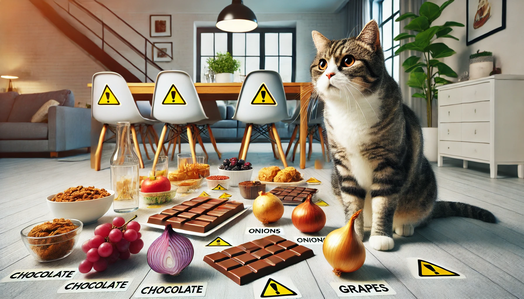 A tabby cat observing a dining table with dangerous human foods marked with warning symbols.