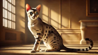 A graceful Egyptian Mau cat with a sleek body and distinctive natural spots, set in a warm, sunlit room.