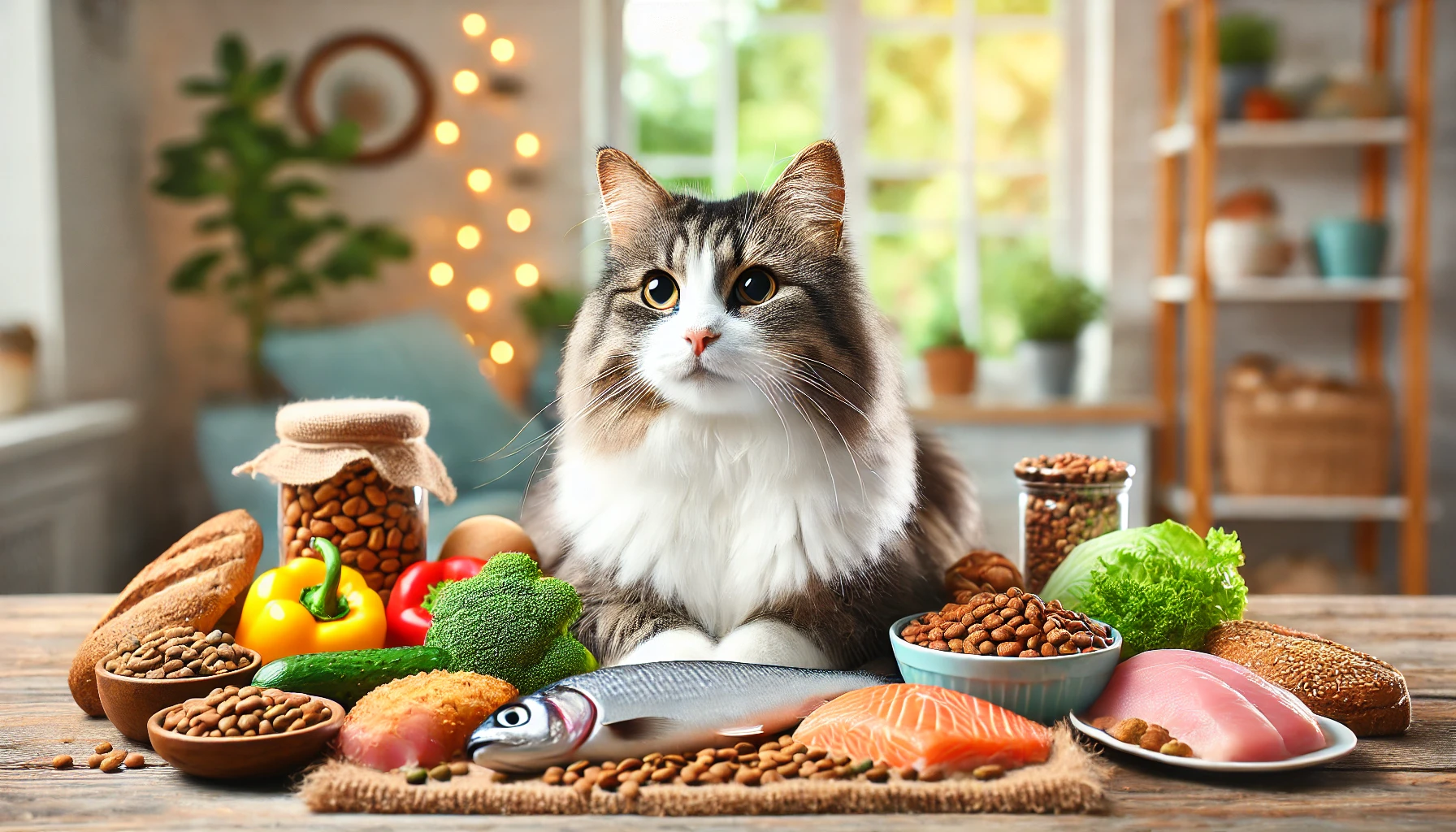 A healthy and happy cat surrounded by nutritious foods on a table.