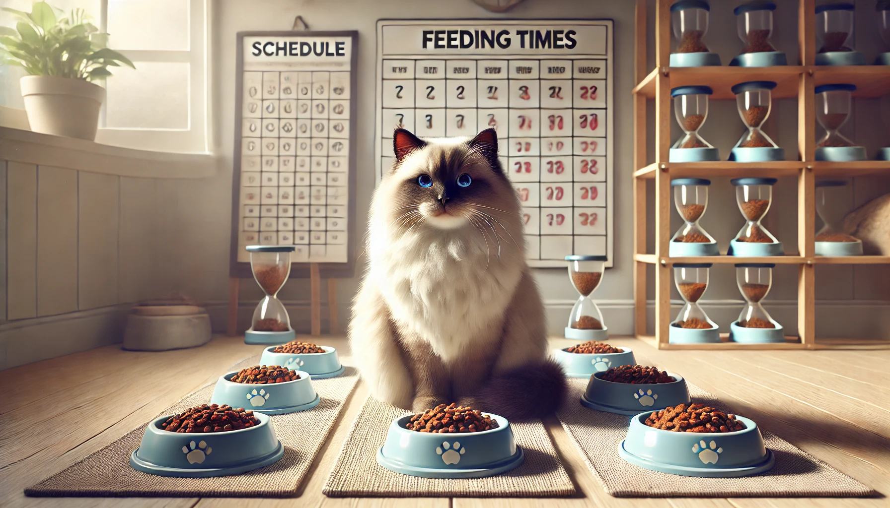A Ragdoll cat sitting calmly in front of a feeding area with identical bowls of cat food.