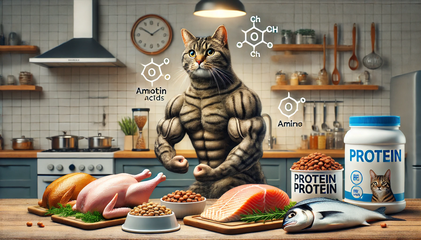A variety of protein-rich foods for cats on a kitchen counter with a muscular tabby cat.