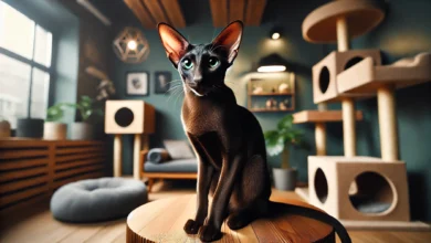 A sleek Oriental cat with almond-shaped eyes and large ears perched on a wooden platform in a minimalist indoor setting.