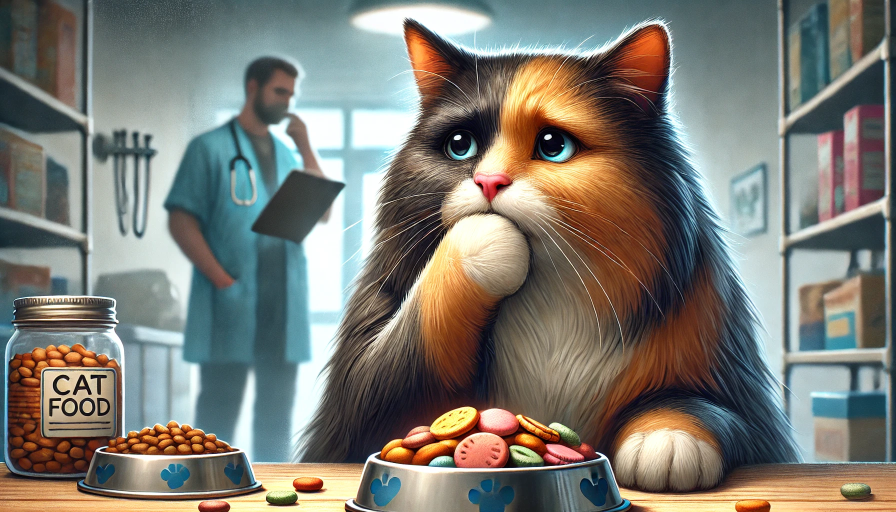 A concerned cat pawing at its mouth with uneaten food nearby, hinting at health issues.