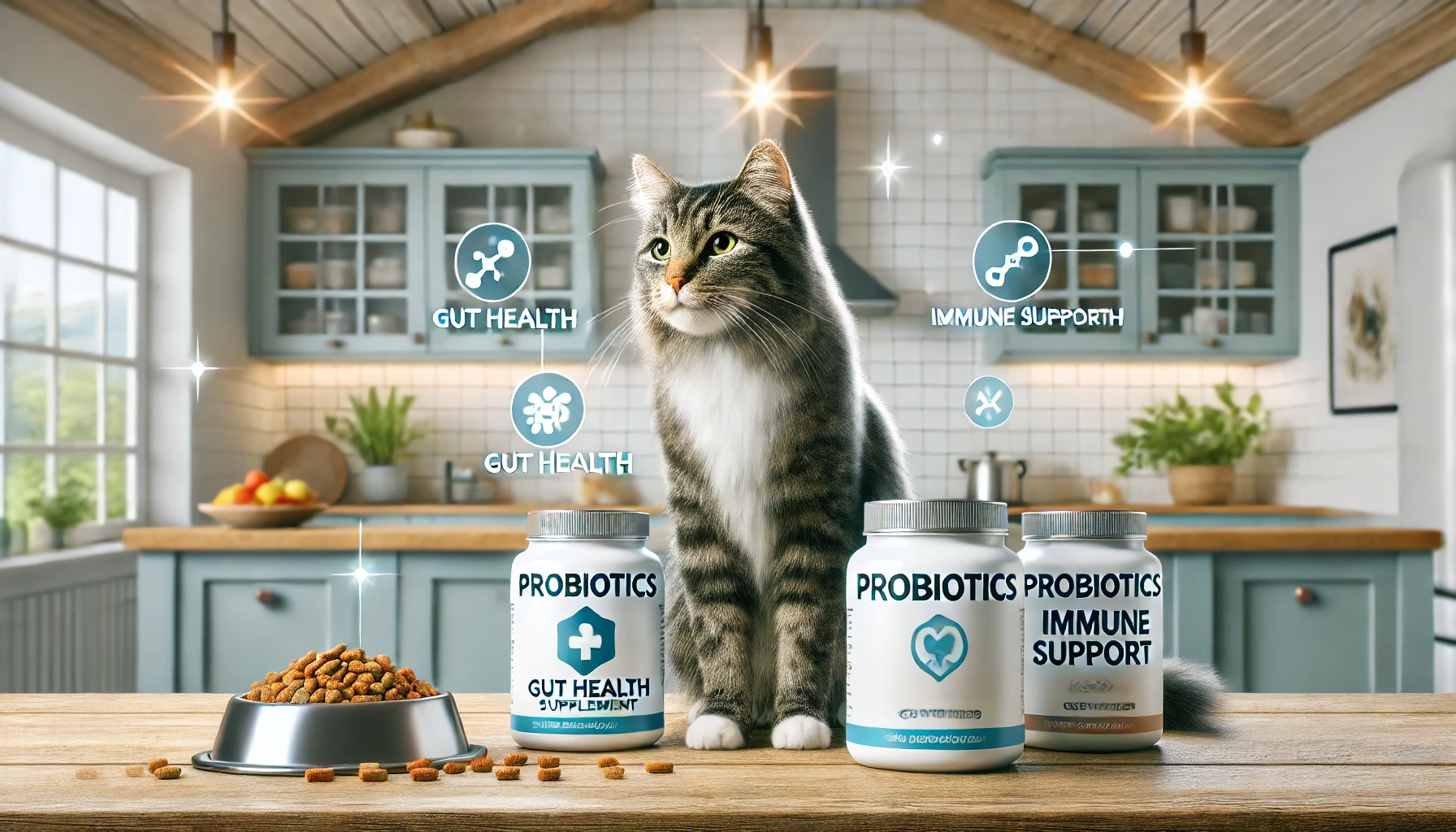 A tabby cat near probiotic supplement containers and a bowl of cat food in a modern kitchen.