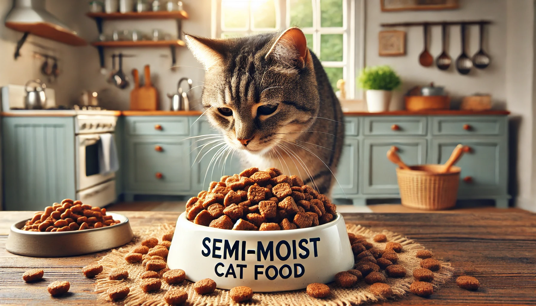 Image showcasing semi-moist cat food with a cat sniffing it in a cozy kitchen setting.