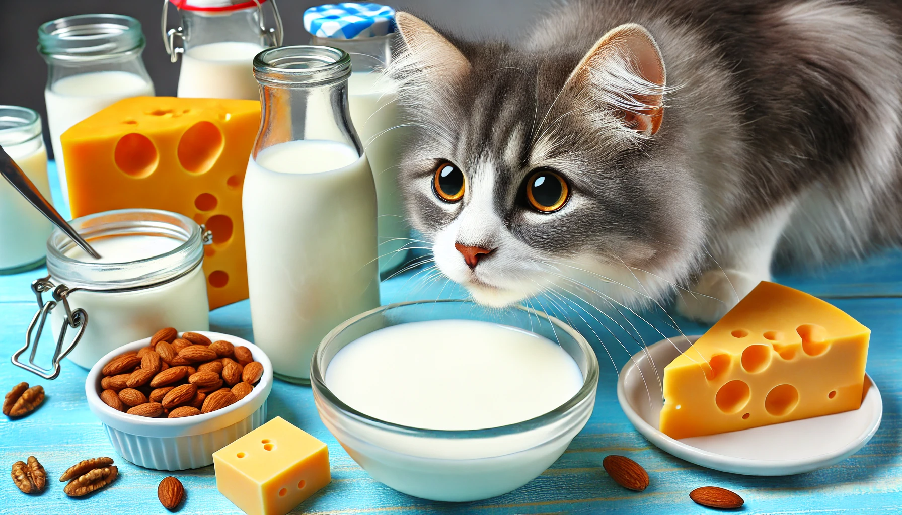 A cat examining treats and supplement bottles with interest.