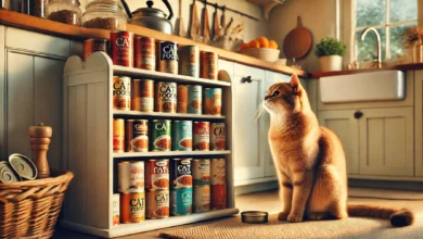 A content cat sitting beside a clean, organized shelf filled with various canned cat foods in a warm and inviting kitchen.