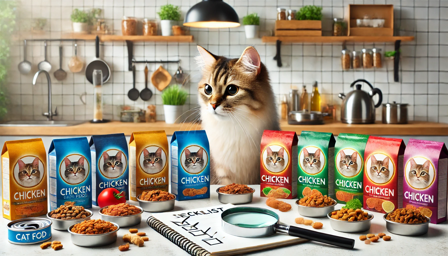 Image illustrating various cat food brands with a thoughtful cat inspecting options.