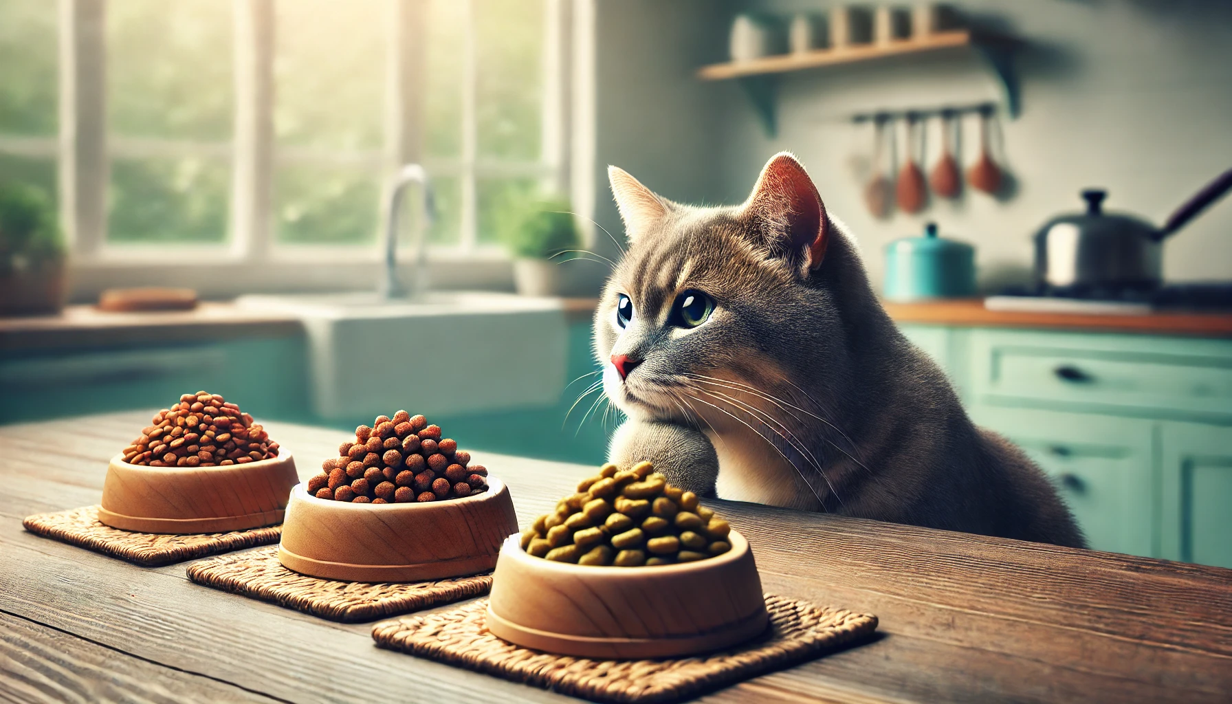 A cat being introduced to new cat food with a mix of old and new food in bowls.