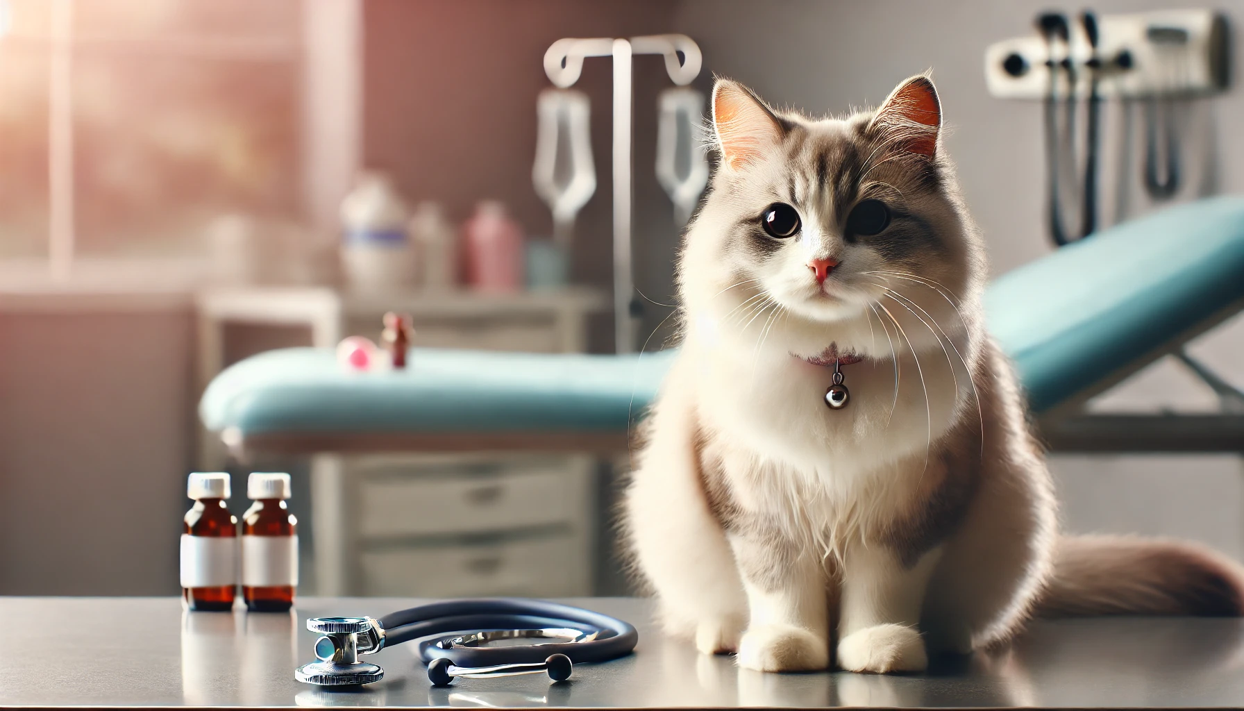 A cat sitting on a vet examination table with medical equipment softly visible in the background, appearing calm but slightly unwell.