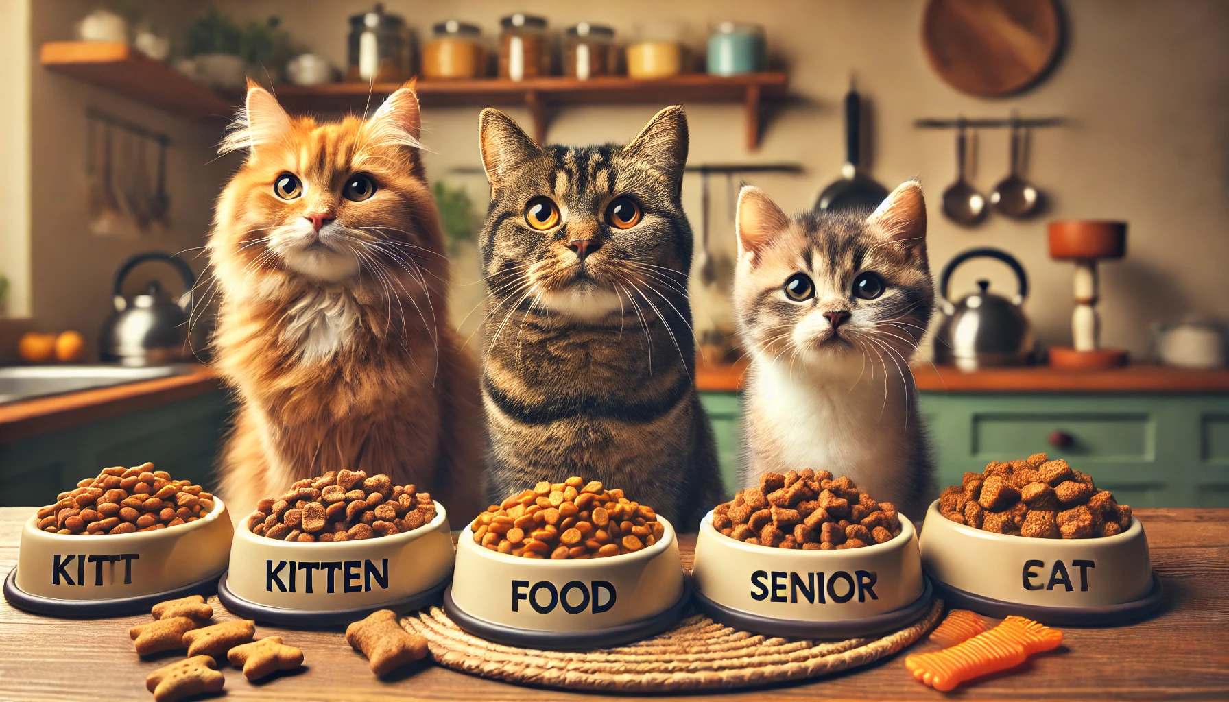 A diverse group of cats of different ages, each with tailored food bowls.