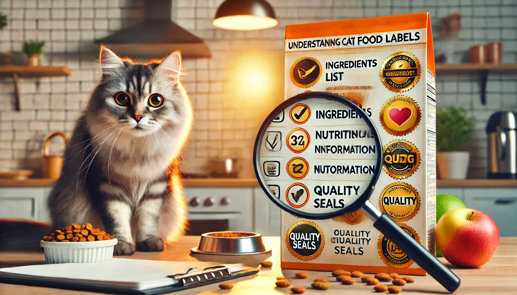 Image illustrating the key elements of cat food labels with a curious cat in the background.