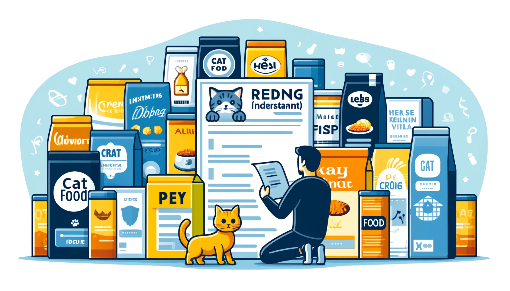 A comparison between wet and dry cat food with a cat observing both.