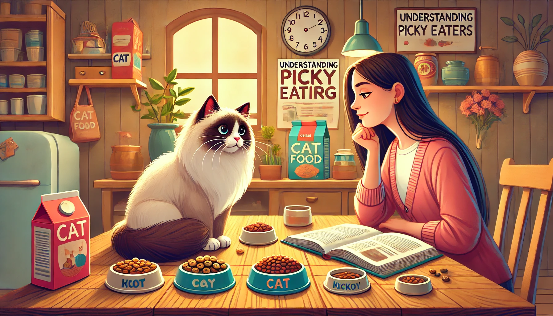 A thoughtful cat owner observing a Ragdoll cat inspecting its food bowl.