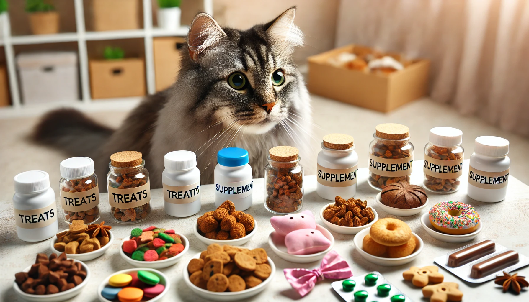 A healthy and happy cat surrounded by nutritious foods on a table.