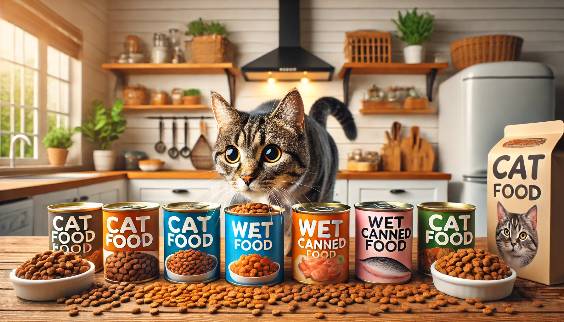 A variety of cat food options on a kitchen counter with a curious cat.