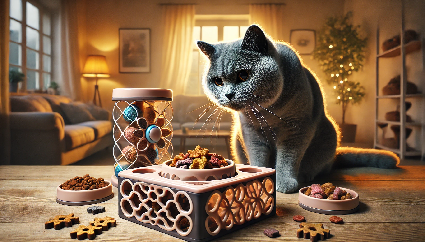 A British Shorthair cat interacting with a puzzle feeder and a slow feeder bowl.