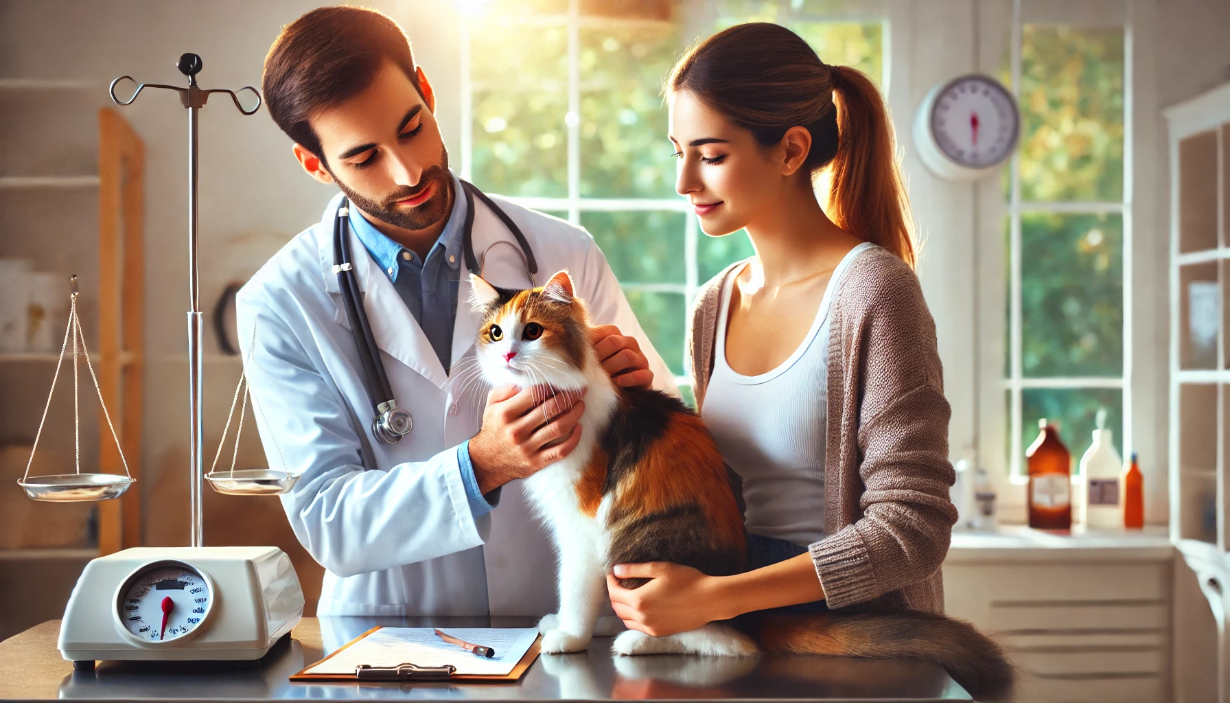 A cat owner holding a calico cat in a veterinary office, with a veterinarian examining the cat.