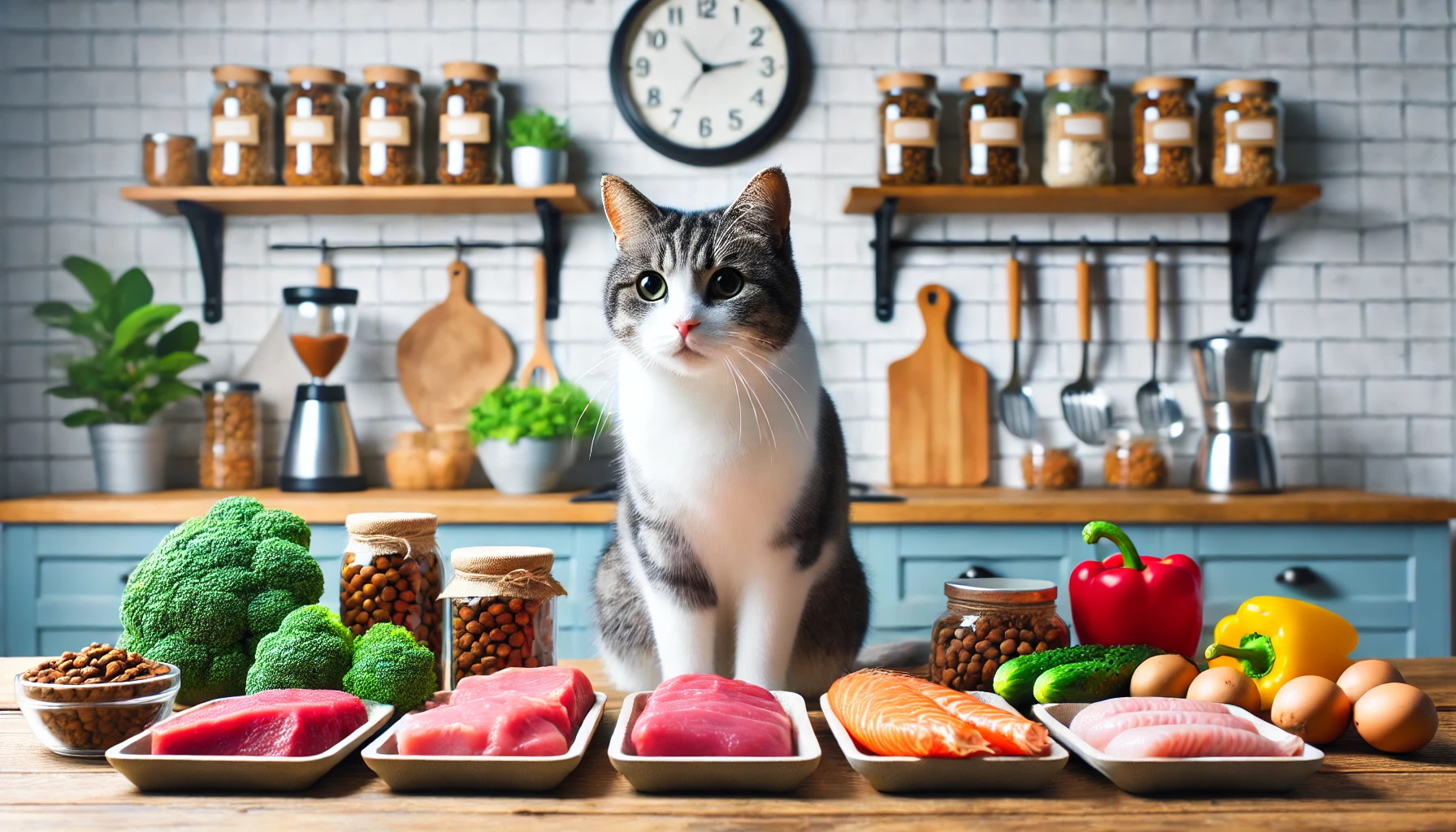 A cat showcasing its carnivorous instincts with an array of meat-based foods.