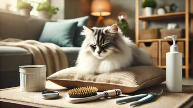 A cozy cat lying on a cushion next to grooming tools in a calm, peaceful indoor setting with soft natural lighting.