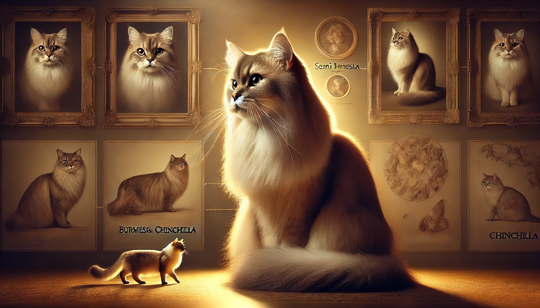 A graceful Tiffanie cat with a semi-long silky coat sitting majestically in a regal setting, with hints of its Burmese and Chinchilla ancestry.
