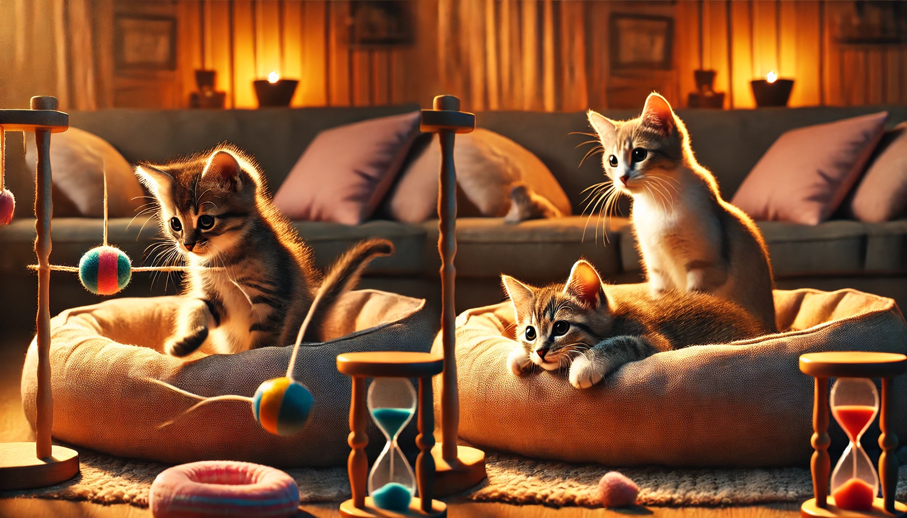 Two kittens in a cozy indoor environment, one playing energetically with a toy while the other observes from a cushion.