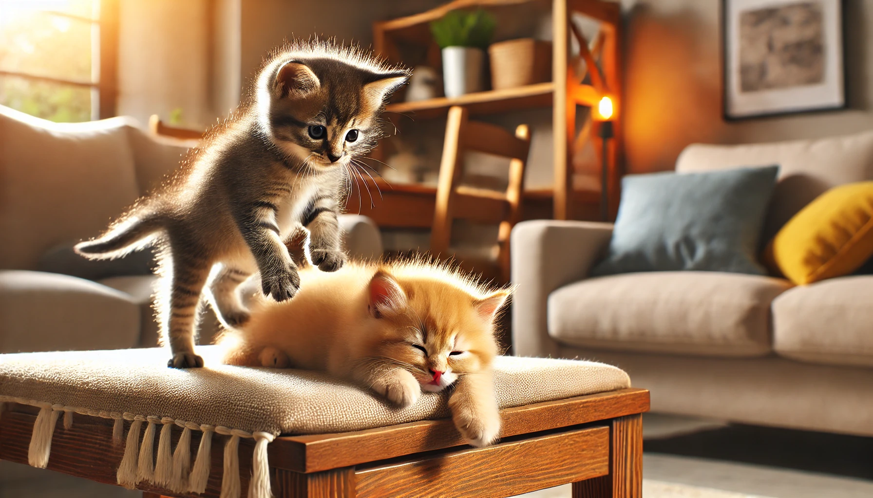 Two kittens in a cozy indoor environment, one climbing playfully on furniture while the other is resting, showing contrasting behaviors.