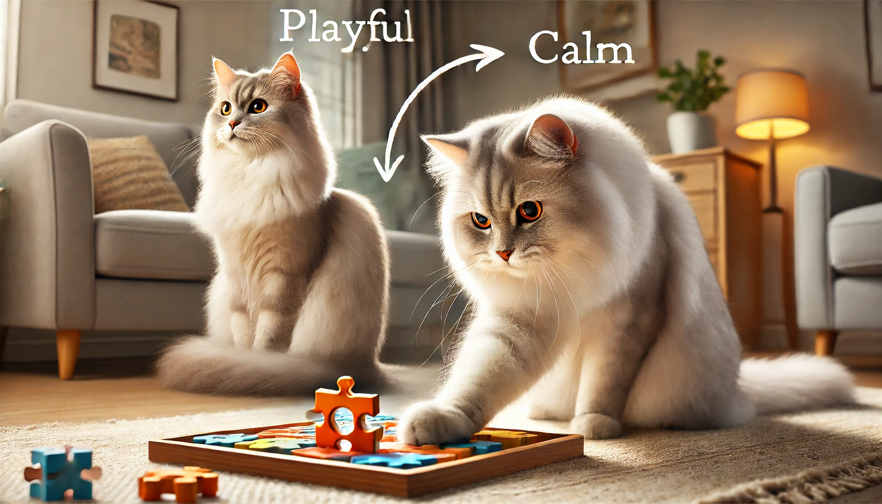 A Tiffanie cat playing with a puzzle toy in a home setting, while in the background, it lounges calmly in a cozy corner.