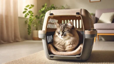 A calm cat sitting comfortably inside a well-ventilated cat carrier in a soothing, well-lit room with soft neutral tones and plants in the background.