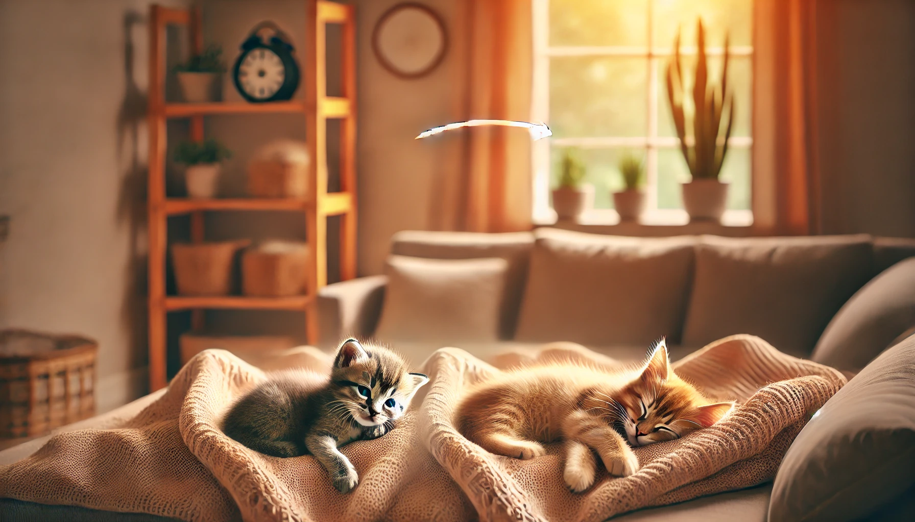Two kittens sleeping in different positions on a soft blanket, one curled up and the other sprawled out, in a cozy indoor setting.
