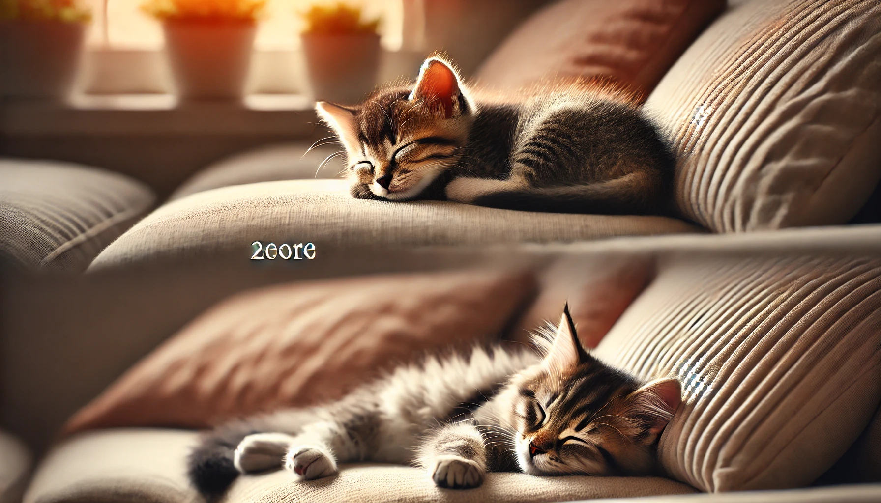 Two kittens sleeping in different positions on a soft couch, one curled up and the other stretched out, in a cozy indoor setting.