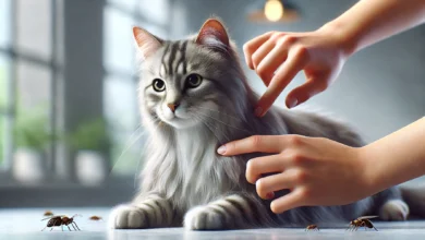 A well-groomed domestic cat being inspected for parasites, with hands gently parting its fur.