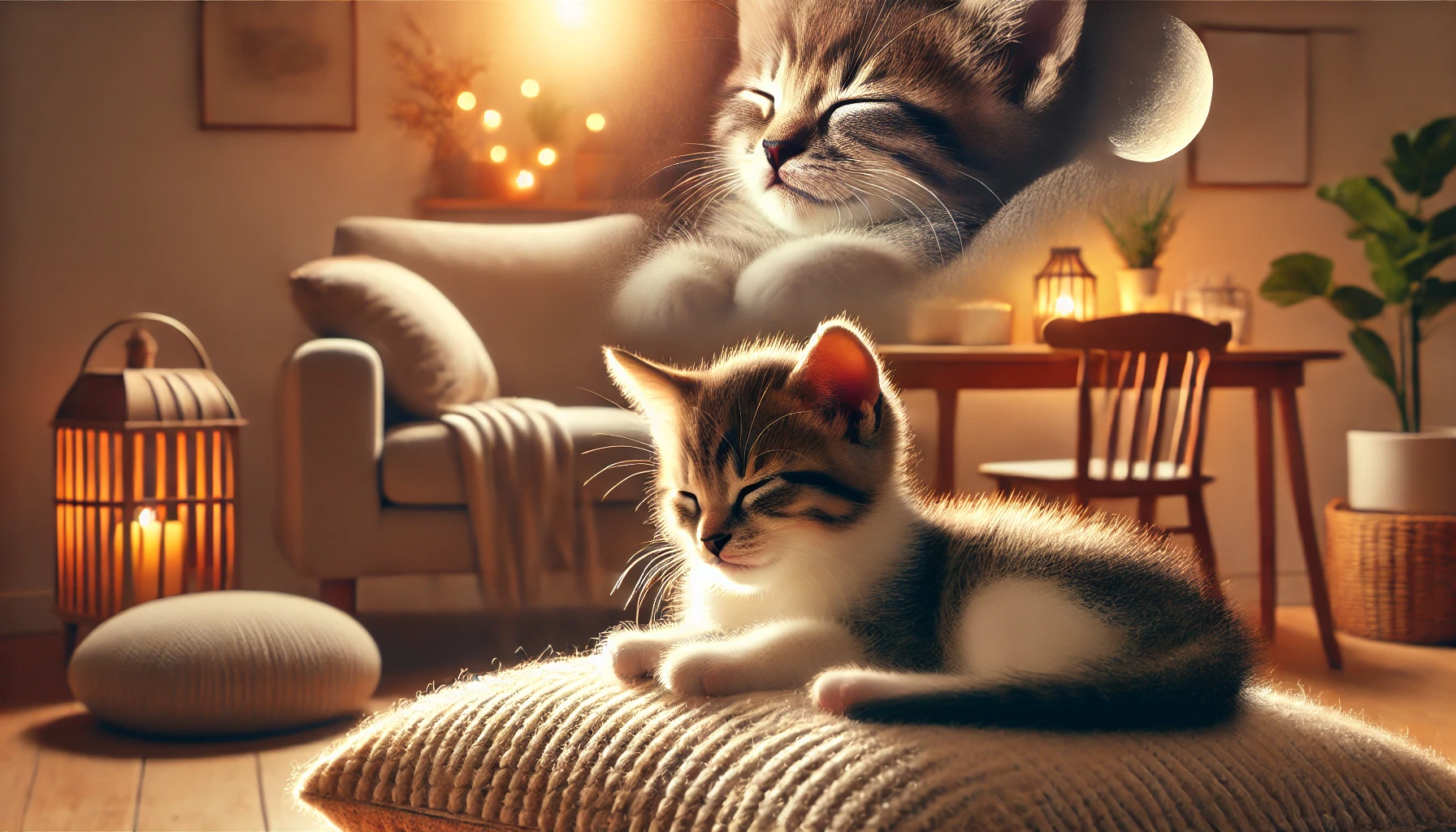 A kitten resting contentedly on a soft cushion in a cozy indoor space, looking calm and relaxed.