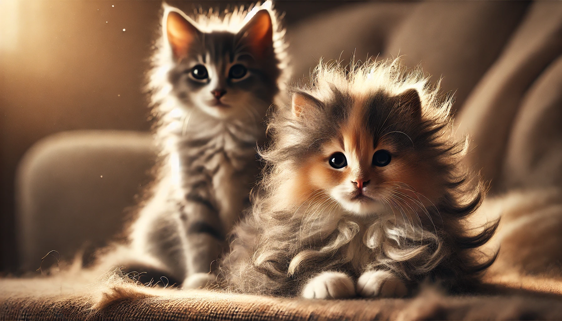 Close-up of two kittens in a cozy indoor setting, one with a soft baby coat and the other with a thicker, shinier adult coat, highlighting fur texture changes.