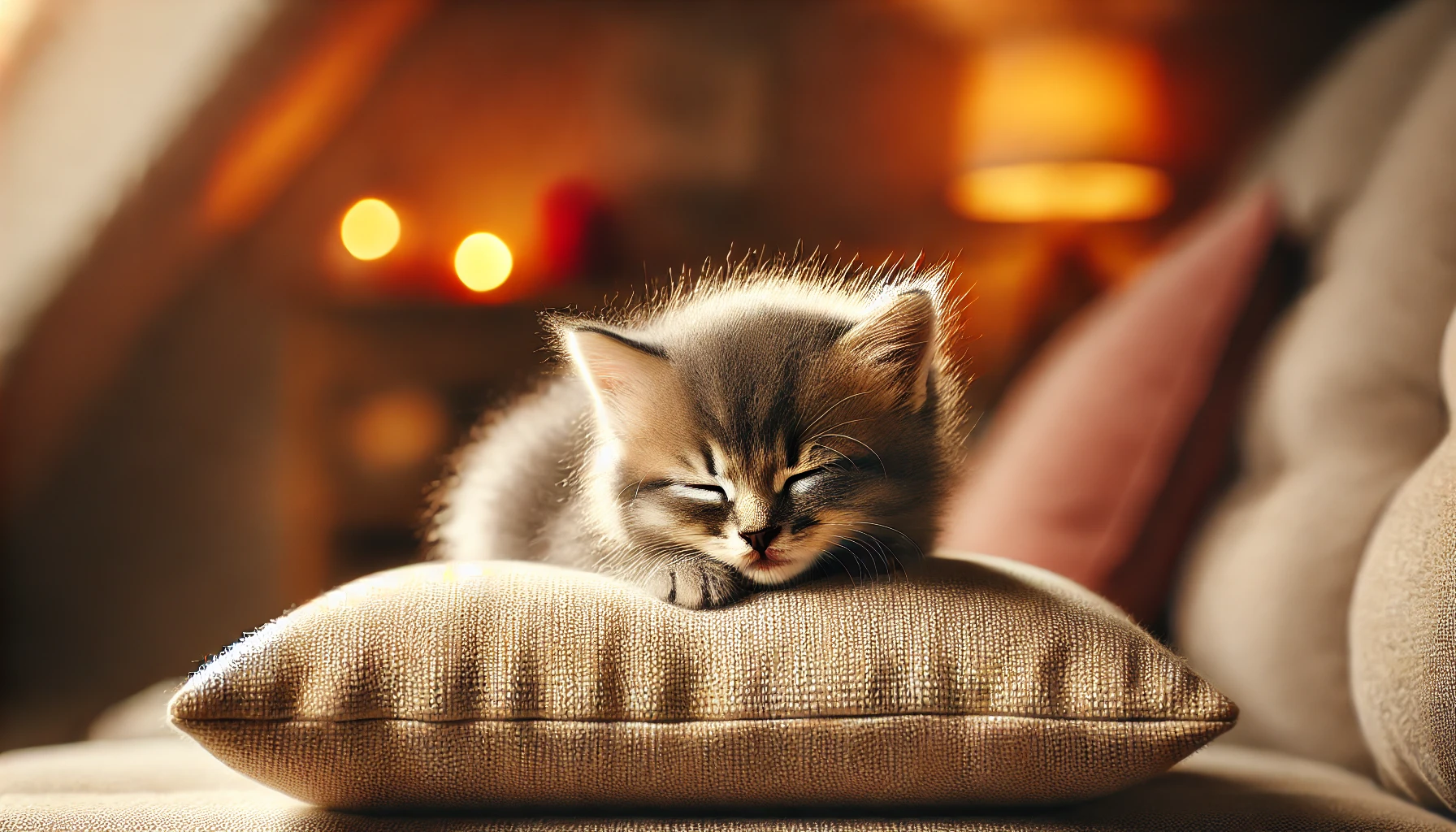 A small kitten resting on a soft cushion, looking slightly tired in a cozy indoor setting, reflecting the challenges of growth spurts like fatigue.