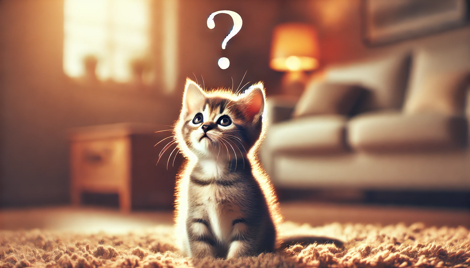 A curious kitten looking up inquisitively while sitting on a soft surface in a cozy indoor environment.