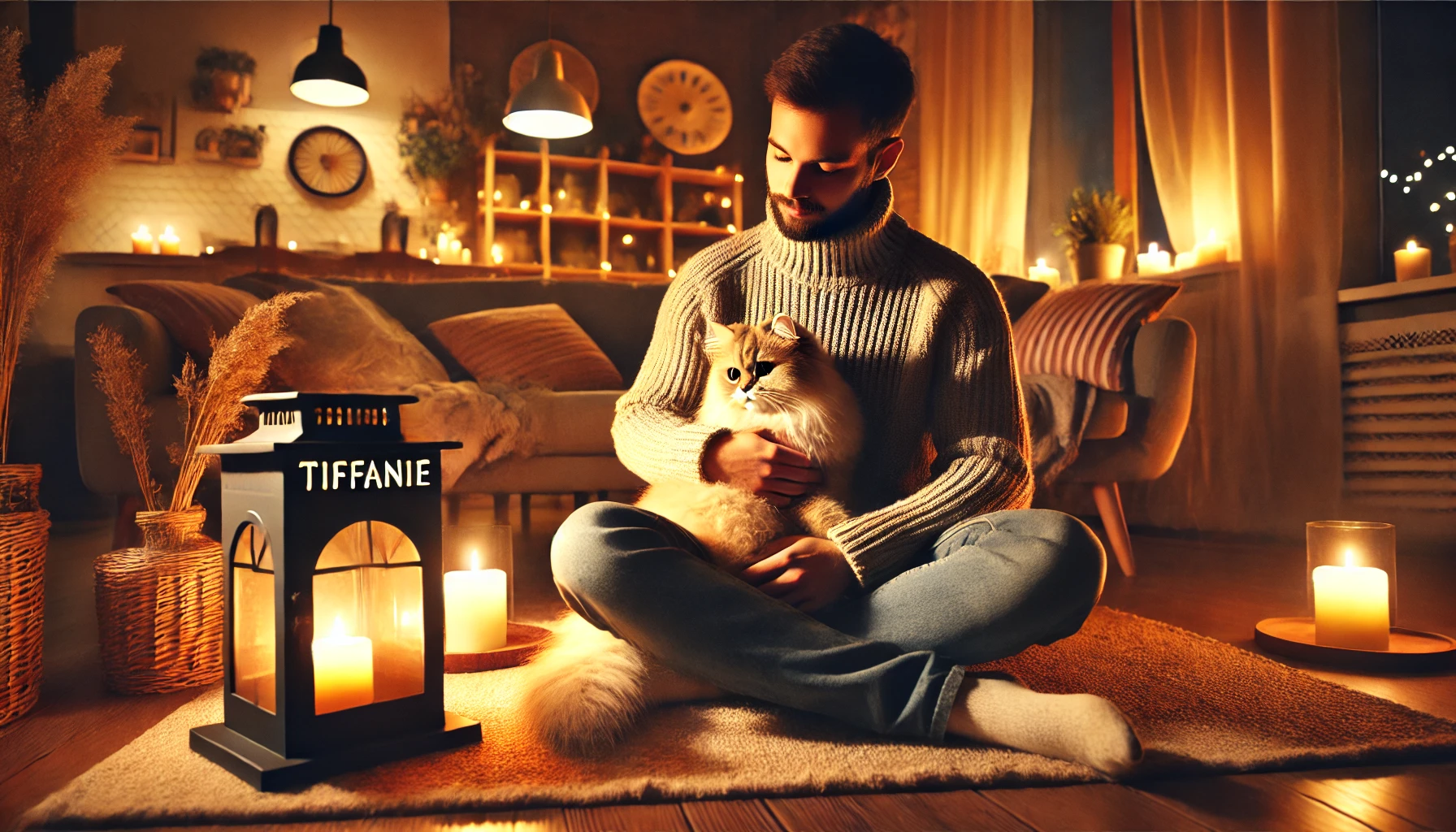 A Tiffanie cat cuddling on its owner's lap in a cozy living room with warm lighting, showing a strong bond between them.