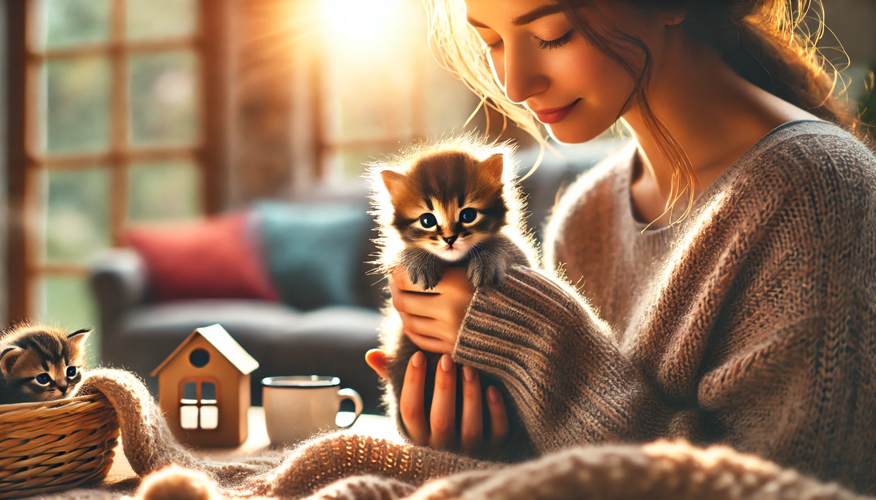 A kitten being gently held by a person in a cozy indoor setting, looking content and healthy.